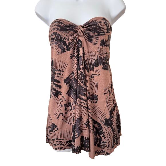 Free People Linen Cinched Brown Abstract Print Tube Top Women's Small Boho Indie - Picture 1 of 8